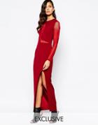 The 8th Sign Swirl Mesh Inset Maxi Dress With Deep Thigh Split - Oxblood