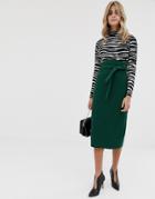 Asos Design High Waist Midi Skirt With Tie-green