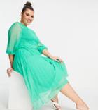 Asos Design Curve Textured Pleated Shirred Midi Dress In Emerald Green