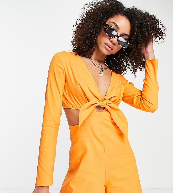 Bershka Tie Up Cut Out Detail Romper In Orange