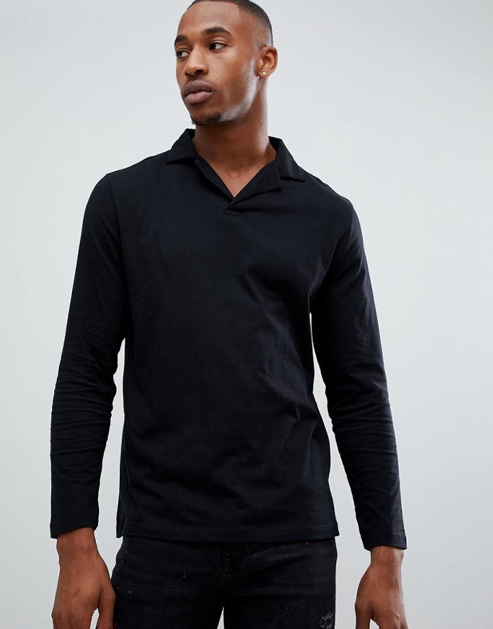 Asos Design Long Sleeve Polo With Revere Collar In Black - Black