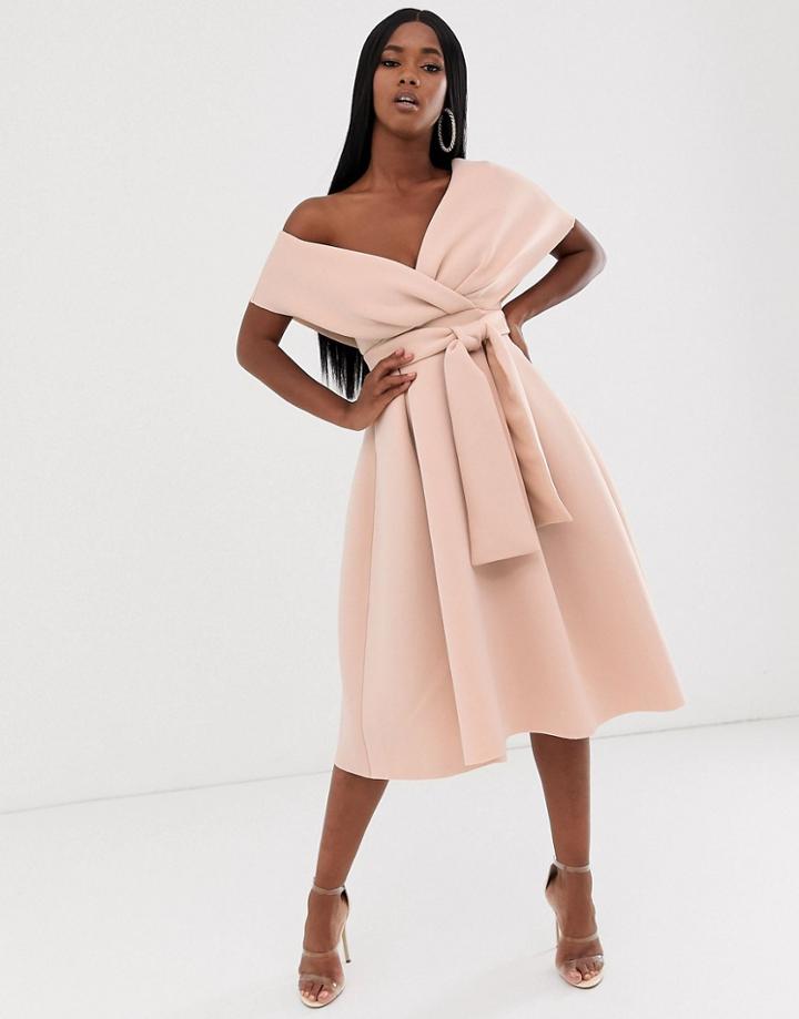 Asos Design Fallen Shoulder Prom Dress With Tie Detail - Brown