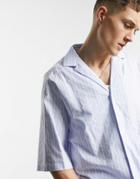 Asos Design Relaxed Half Sleeve Shirt With Deep Camp Collar In Blue Stripe-blues