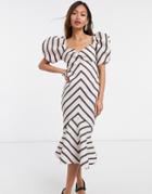Asos Design Puff Sleeve Pep Hem Midi Dress In Chevron Stripe-multi