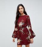 Parisan Tall High Neck Floral Dress With Tie Waist And Flare Sleeve - Red