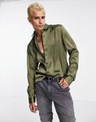 Asos Design Satin Shirt In Olive-green