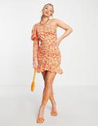 Ax Paris One Shoulder Mini Dress In Orange Floral