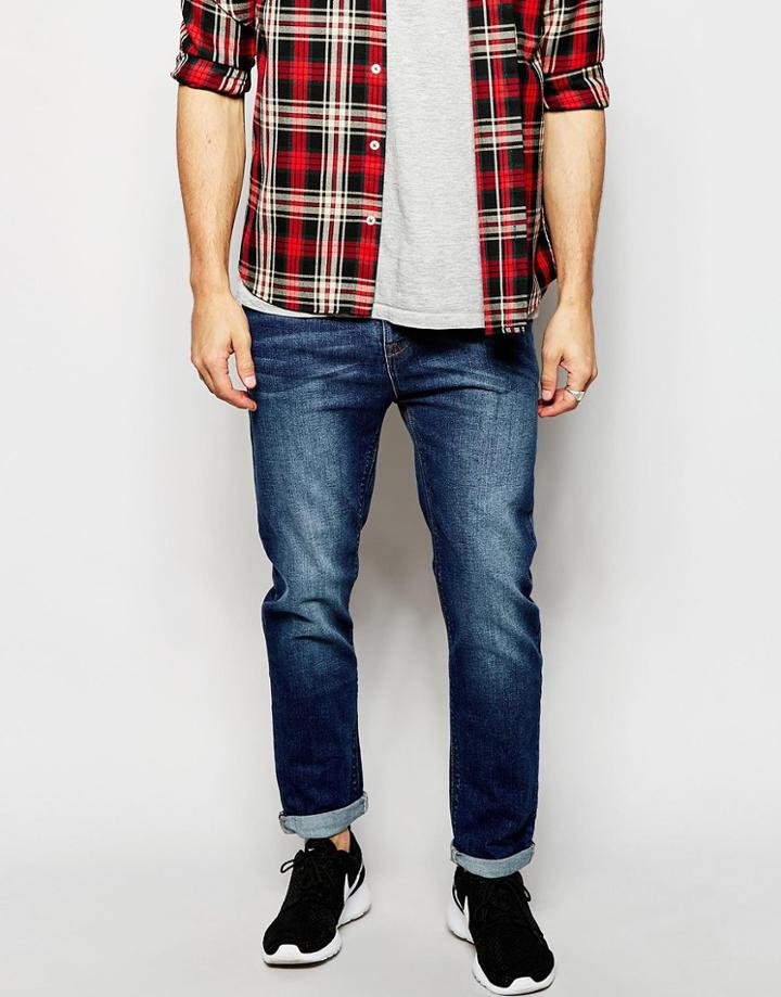 Asos Stretch Tapered Jeans In Dark Wash - Dark Blue