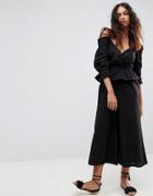Asos Cotton Jumpsuit With Cold Shoulder And Ruffles - Black