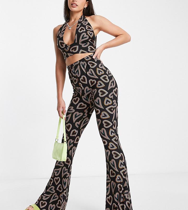 Urban Threads Tall Kick Flare Pants In Heart Print - Part Of A Set-multi