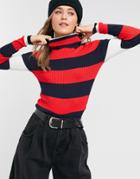 Only Karol Long Sleeve Roll Neck Top In Navy And Red Stripe-multi