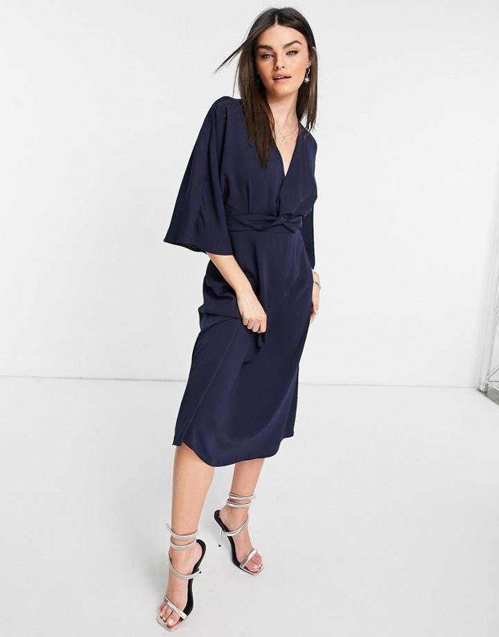 Asos Design Batwing Twist Front Midi Skater Dress In Navy