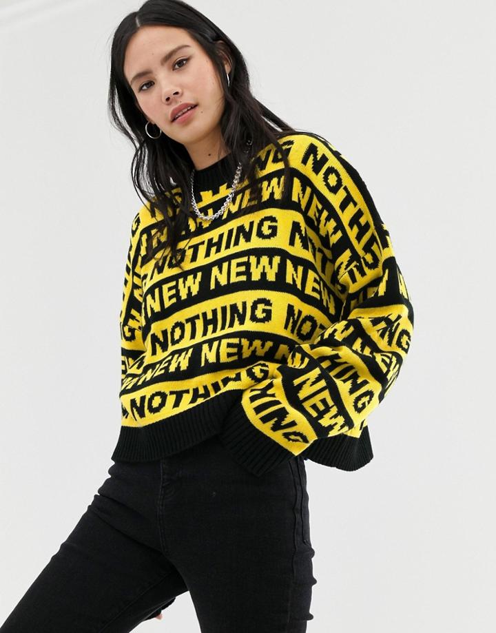 Ragged Jeans Knitted Sweater With Slogan Stripe - Yellow
