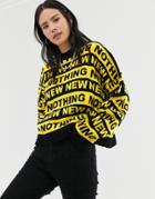 Ragged Jeans Knitted Sweater With Slogan Stripe - Yellow