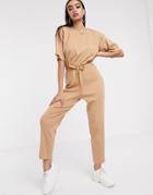 Asos Design Rib Short Sleeved Tie Waist Jumpsuit