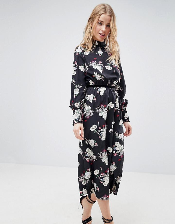 Influence Velvet Trim Detail Floral Midi Dress - Black