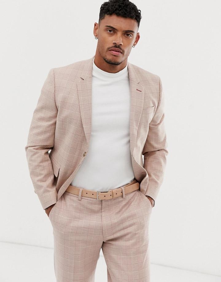 Asos Design Skinny Crop Suit Jacket In Cream Linen Check