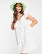 Asos Design Broderie V Frill Over Layer Dress In White