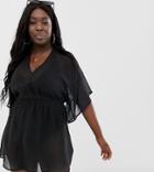 Asos Design Curve Recycled Kimono Sleeve Tie Back Chiffon Beach Cover Up In Black - Black