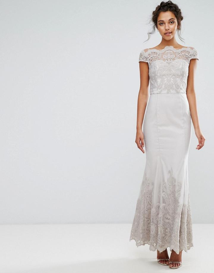 Chi Chi London Premium Lace Maxi Dress With Fishtail - Gray