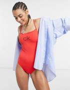 Ck Swim Logo Swimsuit With Square Neckline In Tango Red