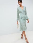 Asos Design Broderie Lace V Neck Fluted Sleeve Midi Dress - Green