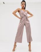 Asos Design Twist Knot Front Satin Jumpsuit - Pink