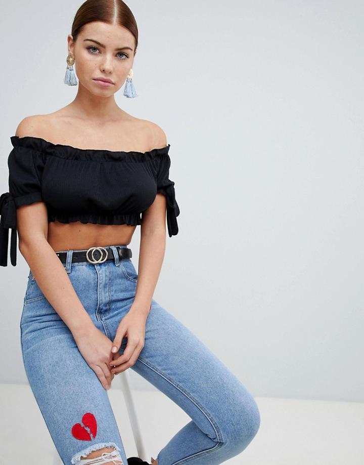 Prettylittlething Bardot Bow Sleeve Crop Top - Black