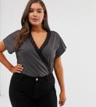 Asos Design Curve T-shirt Wrap Body With Lace Trim-gray