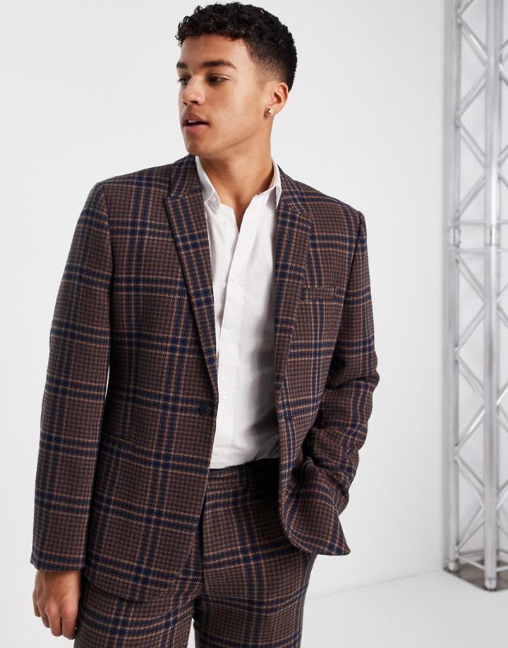 Asos Design Slim Wool Mix Suit Jacket In Brown And Dark Teal Large Dogtooth Plaid-orange