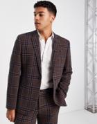 Asos Design Slim Wool Mix Suit Jacket In Brown And Dark Teal Large Dogtooth Plaid-orange