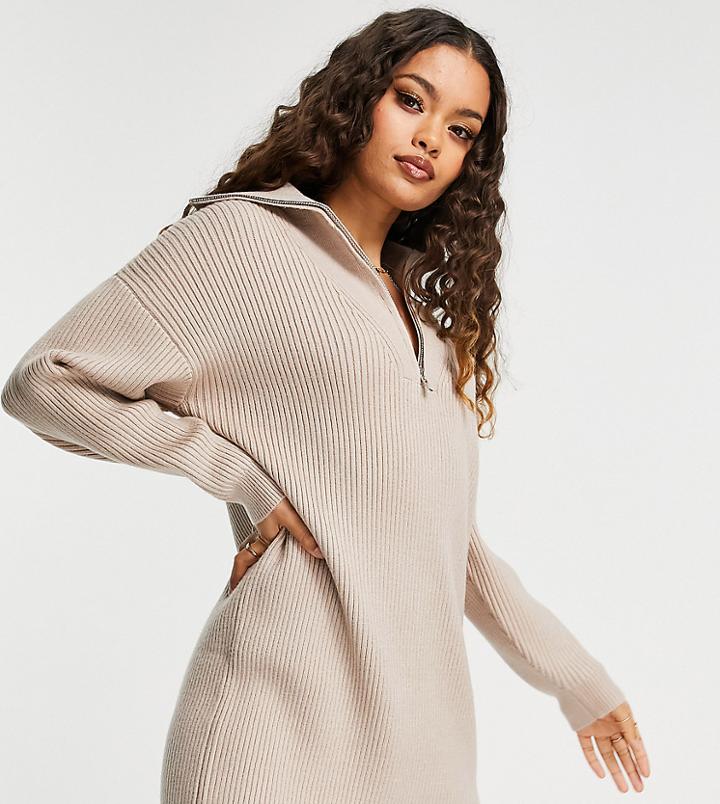 4th & Reckless Petite Open Collar Knitted Sweater Dress In Beige-neutral