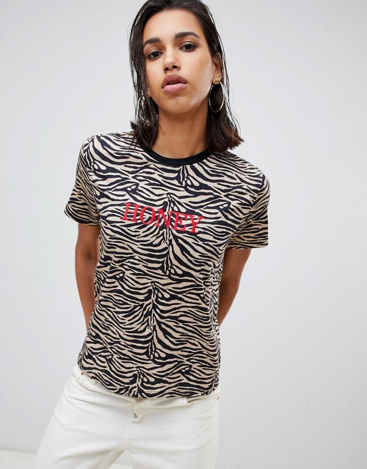 Asos Design T-shirt In Animal Tiger Print With Honey Embroidery-multi