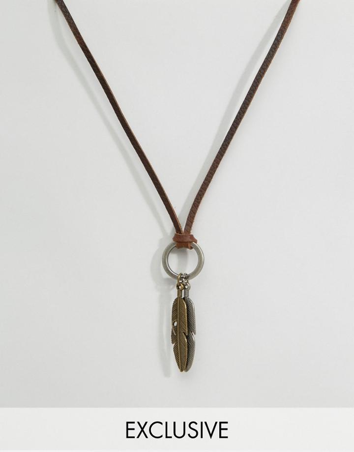 Reclaimed Vintage Feather Leather Necklace - Brown