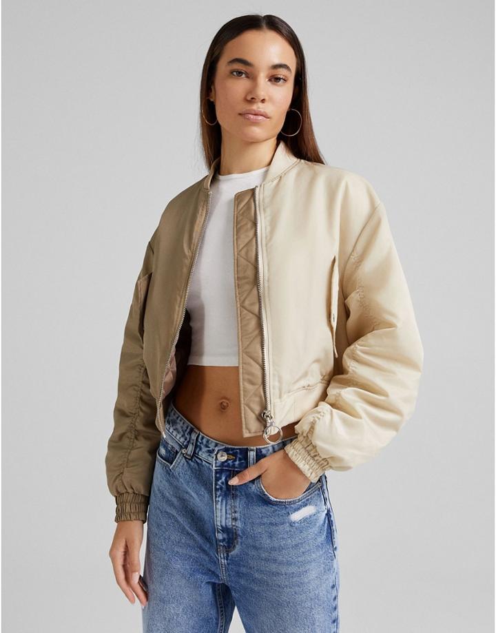 Bershka Two-tone Bomber Jacket In Beige And Khaki-multi