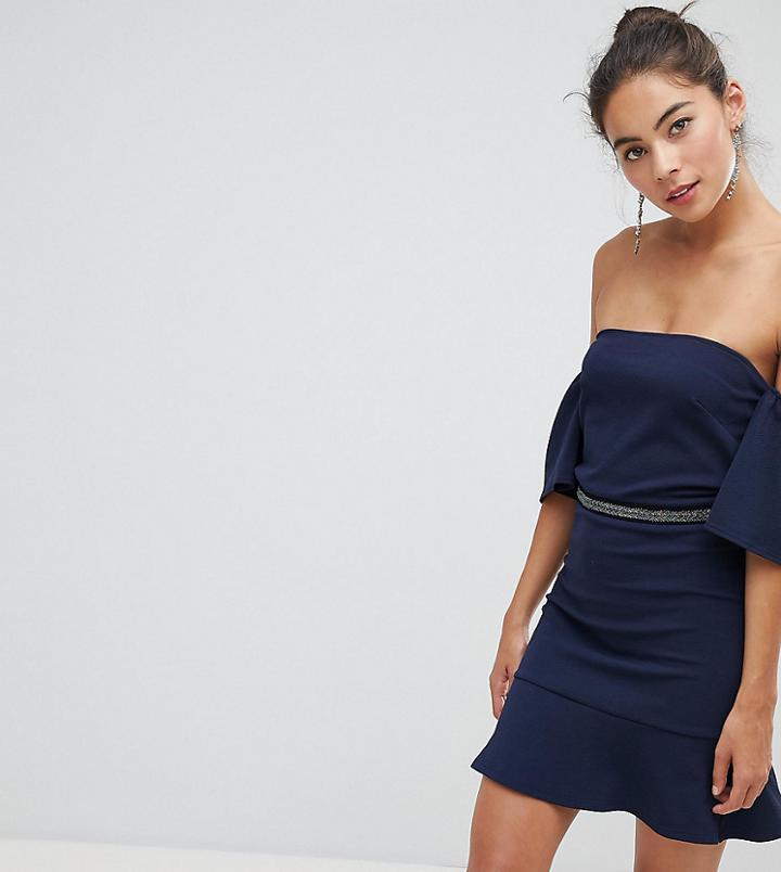 Silver Bloom Embellished Bardot Mini Pephem Dress - Navy