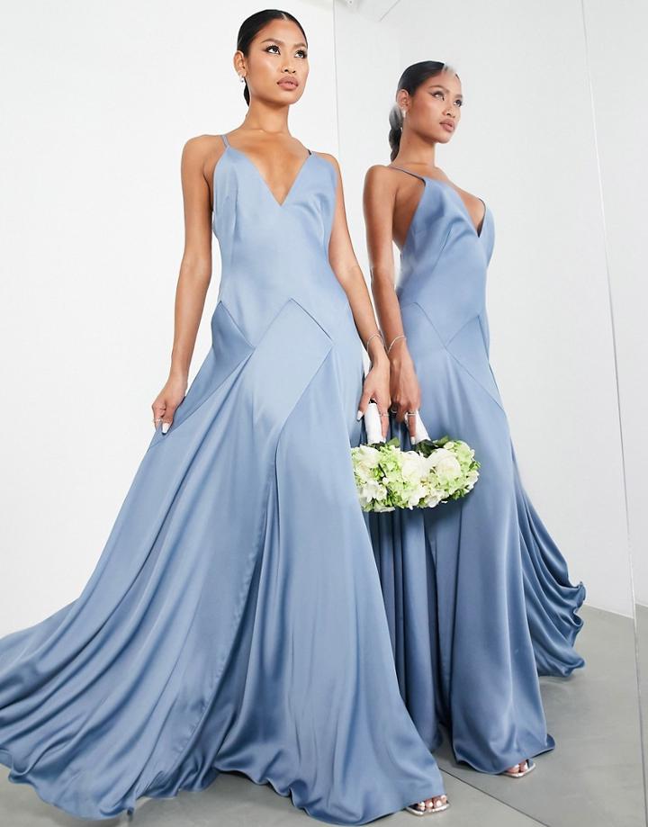 Asos Edition Satin Plunge Maxi Dress With Cross Back In Dusky Blue