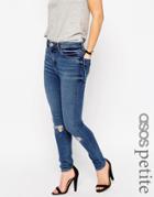 Asos Petite Ridley Skinny Jeans In Damera Mid Stone Wash With Busted Knees - Mid Blue