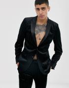 Asos Design Skinny Suit Jacket In Glitter Velvet Stripe-black