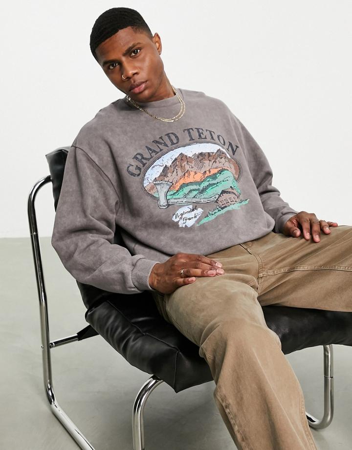 Asos Design Oversized Sweatshirt In Gray Acid Wash With Mountain Print