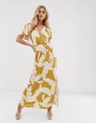 Asos Design Floral Flutter Sleeve Maxi Dress With Tassel Belt - Multi
