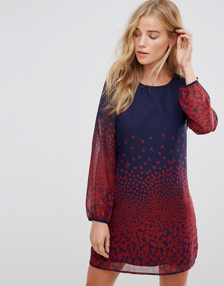 Yumi Long Sleeve Shift Dress In Leaf Border Print - Navy