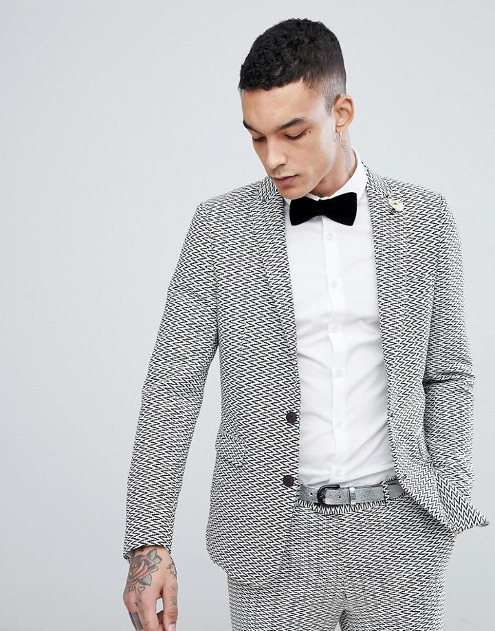 Devil's Advocate Skinny Fit Zig Zag Print Suit Jacket - White