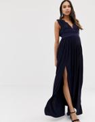 Asos Design Maternity Premium Lace Insert Pleated Maxi Dress - Navy