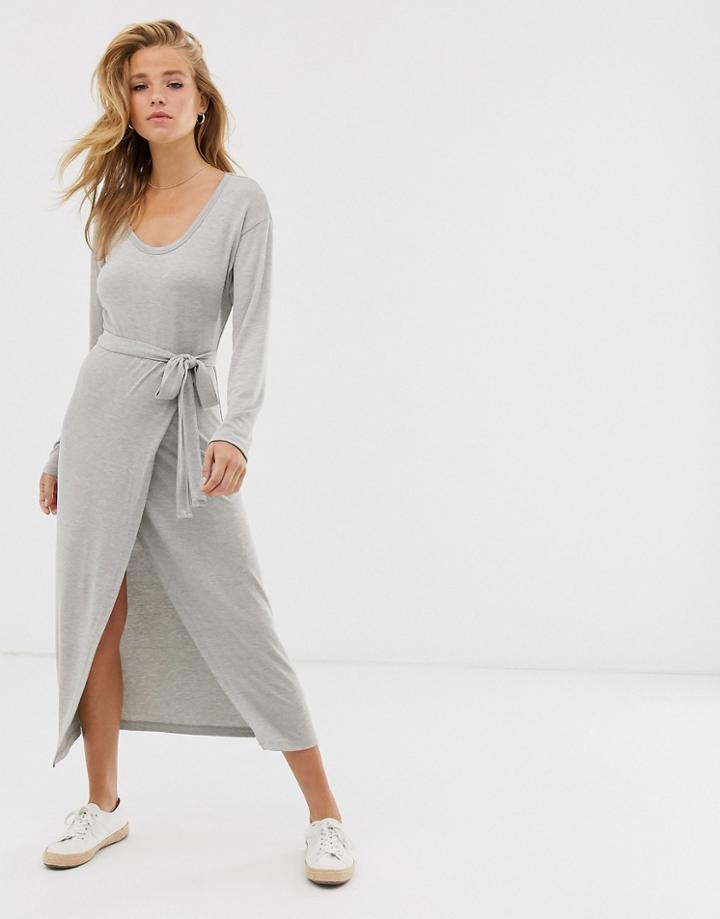 Asos Design Belted Marl Jersey Knit Midi Dress-gray
