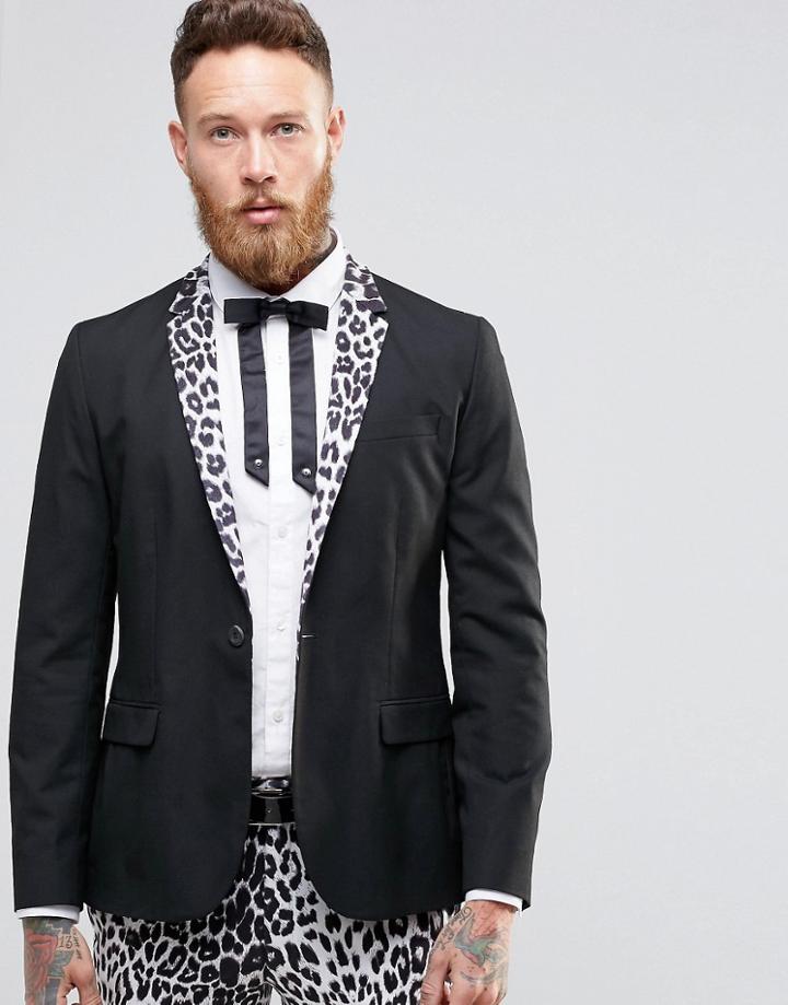 Religion Skinny Blazer With Leopard Lapel - Black