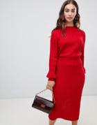 Lost Ink Midi Sweater Dress In Ribbed Knit - Red