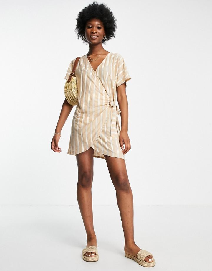 Asos Design Wrap Dress In Taupe And Cream Stripe-brown