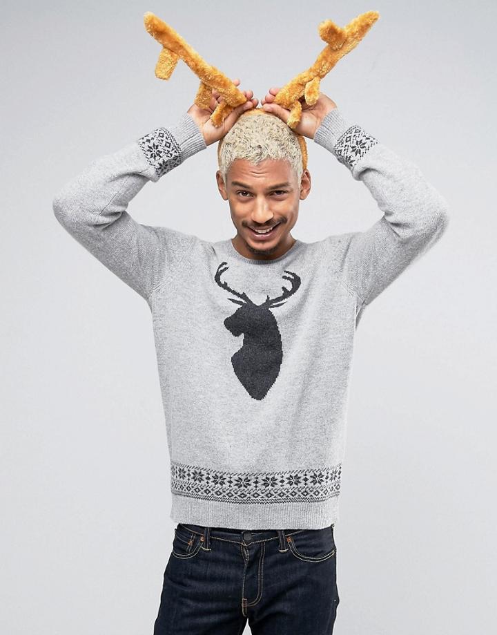 Asos Lambswool Rich Sweater With Stag Head - Gray