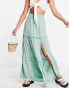 Asos Design Maxi Skirt In Crinkle With Side Split In Sage Green-multi